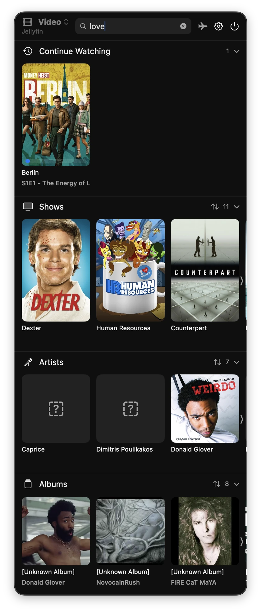 Search results grouped by section