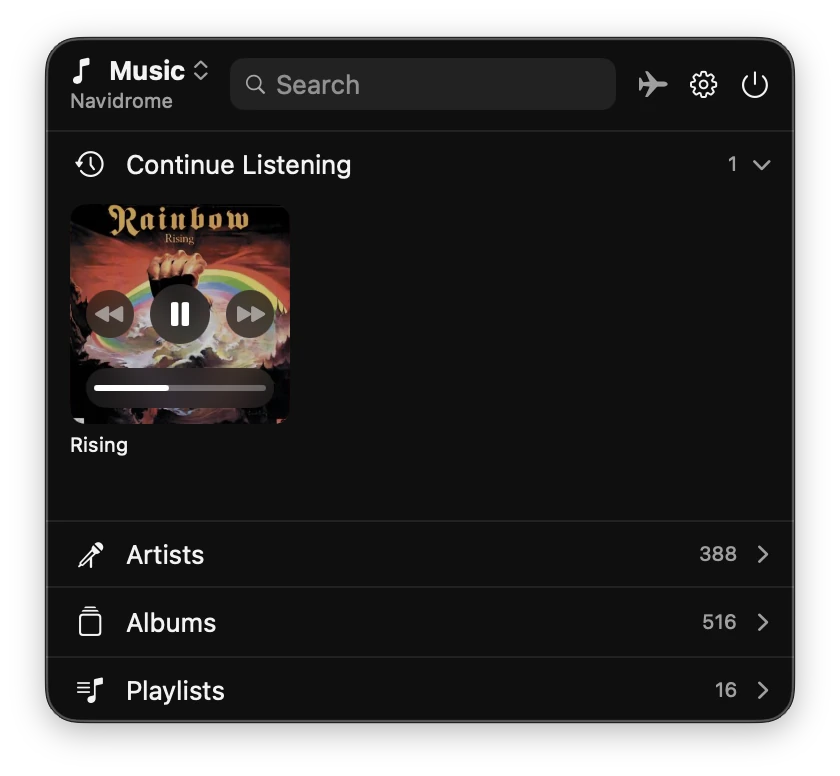 The Music pane with playback controls on the album poster