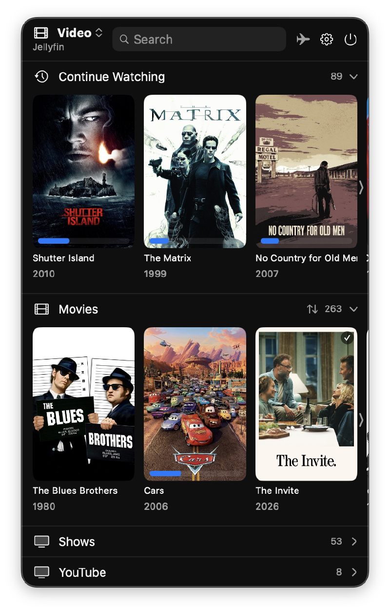 The CineTray menu with Continue Watching, Movies, Shows and YouTube sections