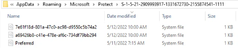 Contents of a domain user’s DPAPI master key folder, including the Preferred file