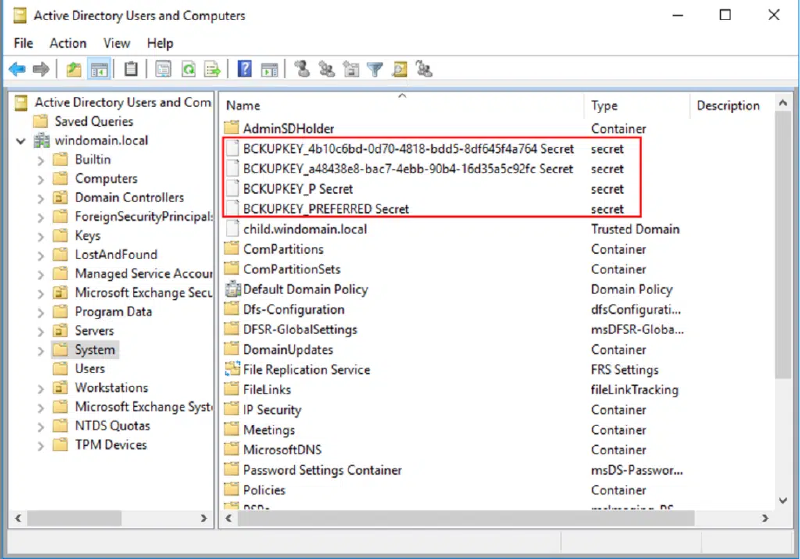 DPAPI domain backup key shown as an LSA secret object under the System container in DSA.msc