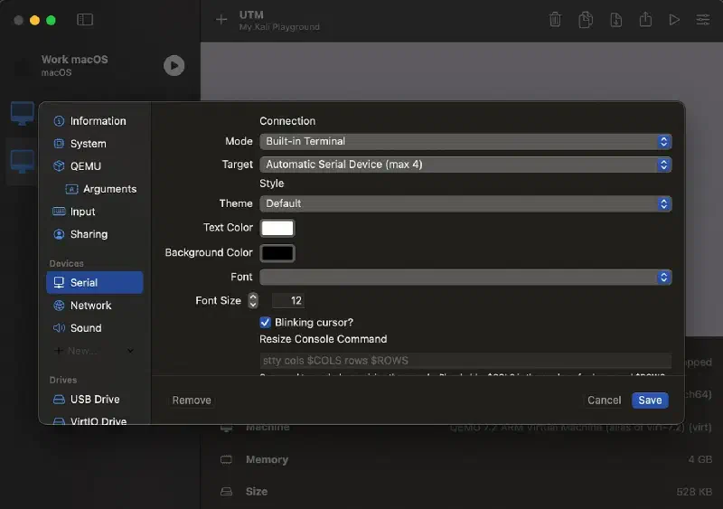 UTM virtual machine settings showing the Serial device, ready to save