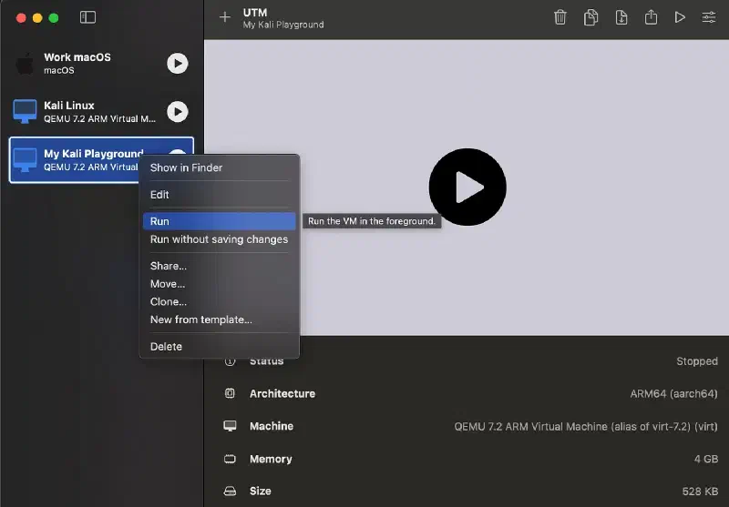 UTM right-click menu on the Kali VM with Run selected