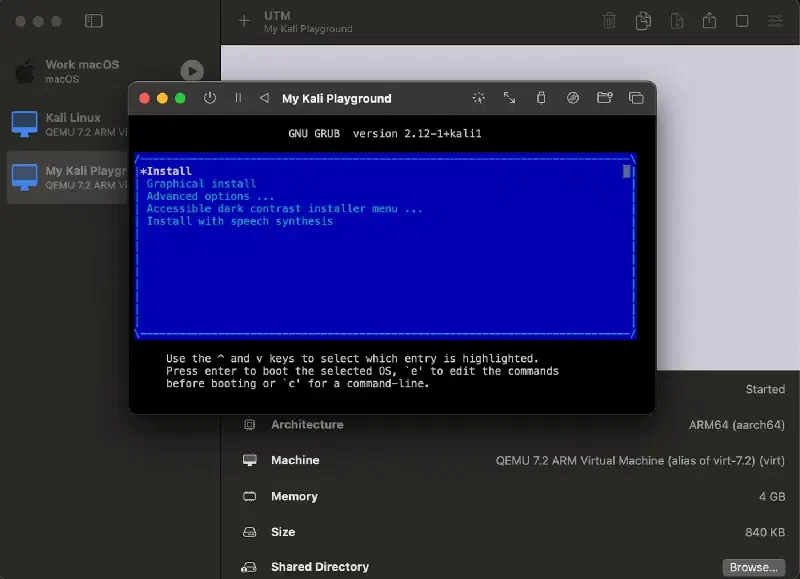 GRUB boot menu of the Kali ARM64 installer running in the UTM serial console