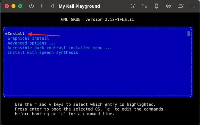 Kali GRUB boot menu with the Install entry highlighted