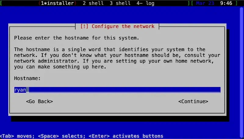 Kali installer network configuration step prompting for a hostname