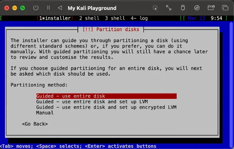 Kali installer Partition disks step with &ldquo;Guided - use entire disk&rdquo; selected