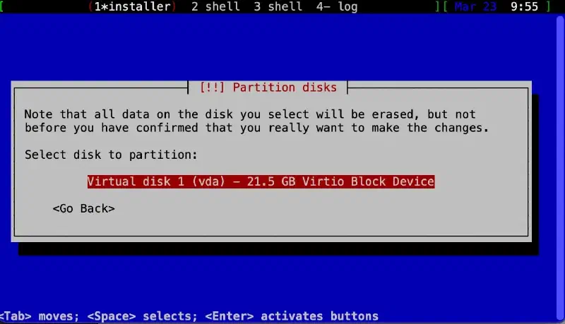 Kali installer disk selection showing Virtual disk 1 (vda), a 21.5 GB Virtio block device