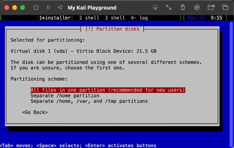 Kali installer partitioning scheme step with &ldquo;All files in one partition&rdquo; selected
