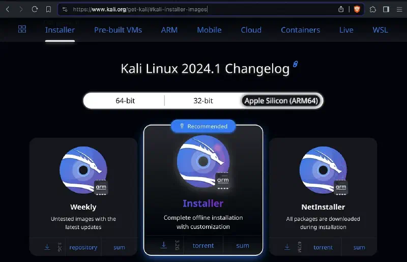 Kali Linux download page with the Apple Silicon (ARM64) installer image selected