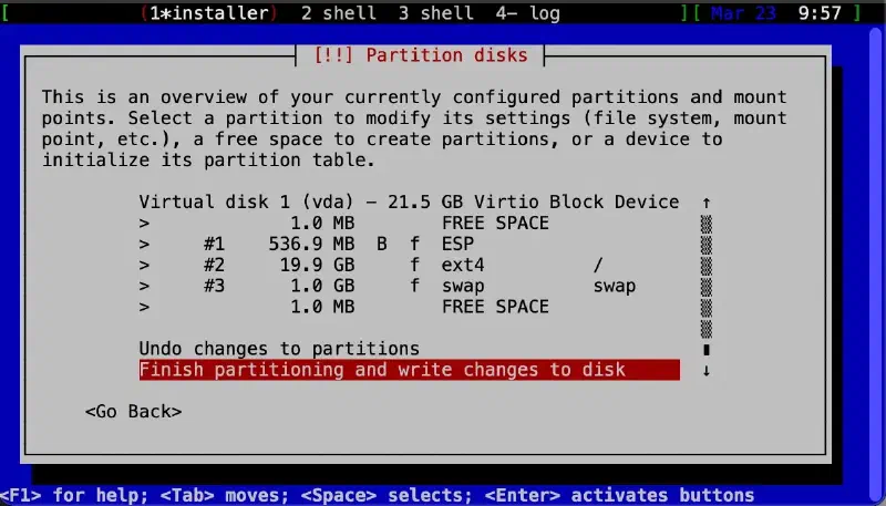 Kali installer partition overview listing ESP, ext4 and swap partitions, with &ldquo;Finish partitioning and write changes to disk&rdquo; selected