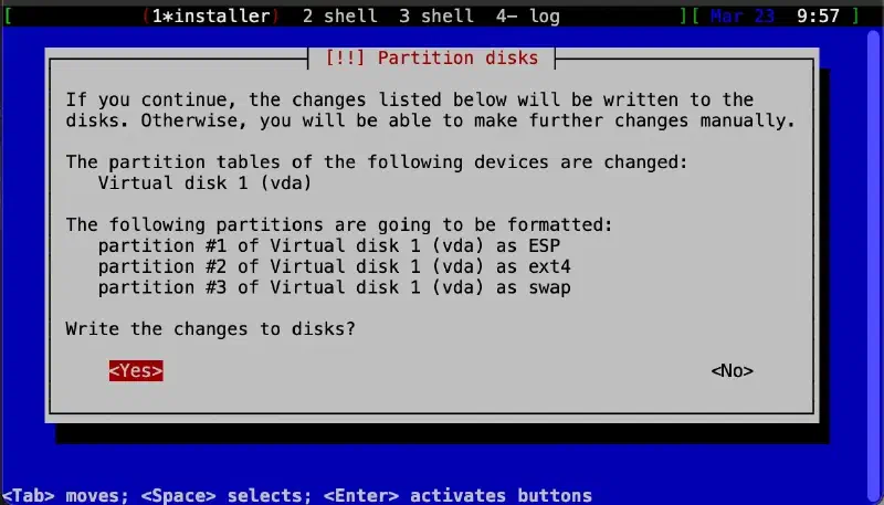 Kali installer prompt to write the partition changes to disk, with Yes selected