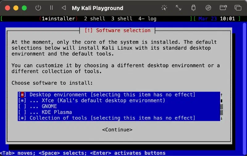 Kali installer Software selection step with the Xfce desktop environment checked