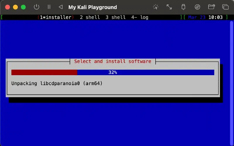 Kali installer &ldquo;Select and install software&rdquo; progress bar at 32 percent