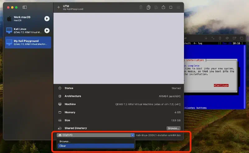 UTM CD/DVD drive dropdown with Clear selected to eject the Kali installer .iso