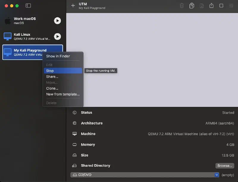 UTM right-click menu on the running Kali VM with Stop selected