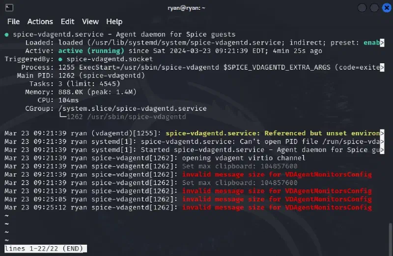 Terminal output of systemctl status spice-vdagent inside the Kali VM