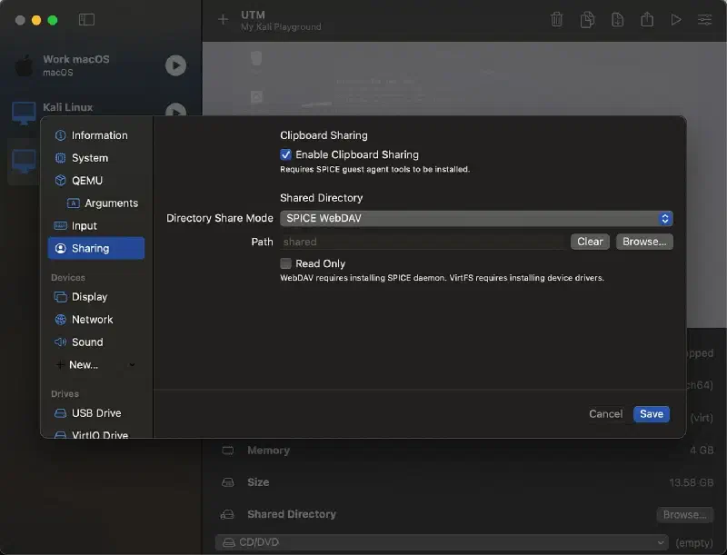 UTM Sharing settings with Directory Share Mode set to SPICE WebDAV