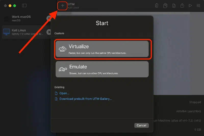 UTM new virtual machine dialog with the Virtualize option selected