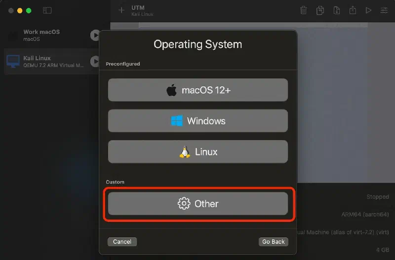 UTM operating system list with Other selected