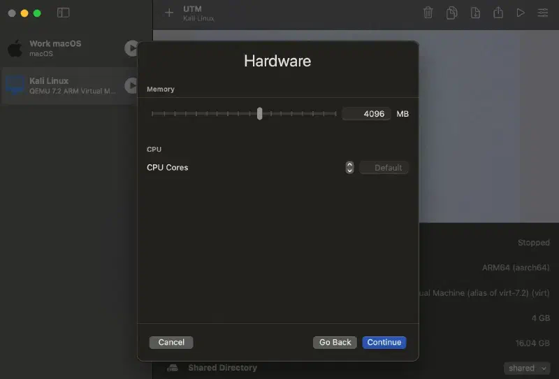UTM hardware step showing the default memory and CPU settings