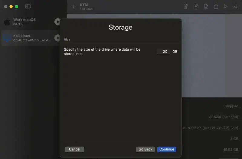 UTM storage step for setting the Kali virtual disk size