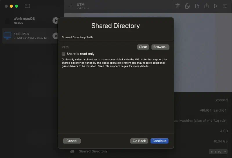 UTM shared directory step left blank
