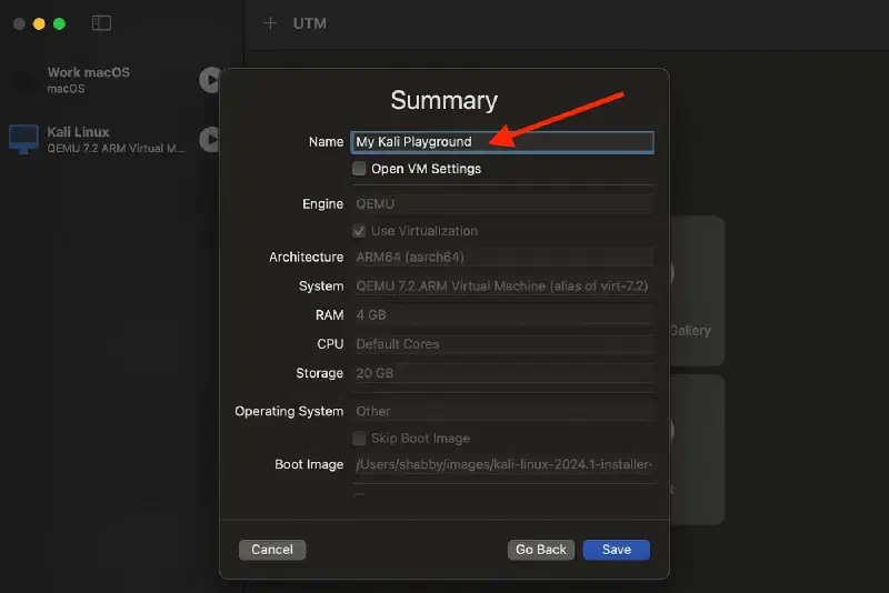 UTM summary step showing the virtual machine name before saving
