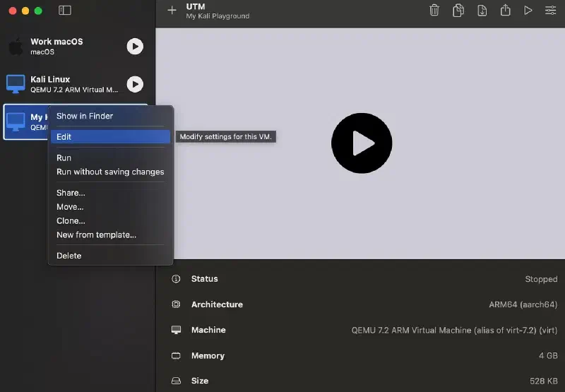 UTM right-click menu on the new Kali VM with Edit selected