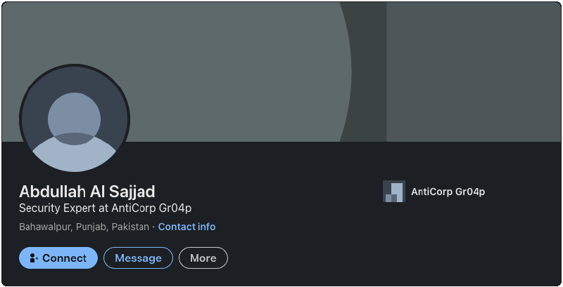 LinkedIn profile of the threat actor identified from the PDF metadata email address