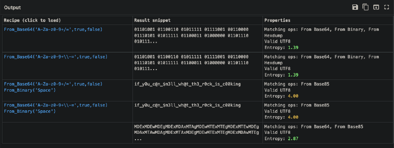 CyberChef Magic operation decoding the binary-encoded SSH credentials to reveal the flag